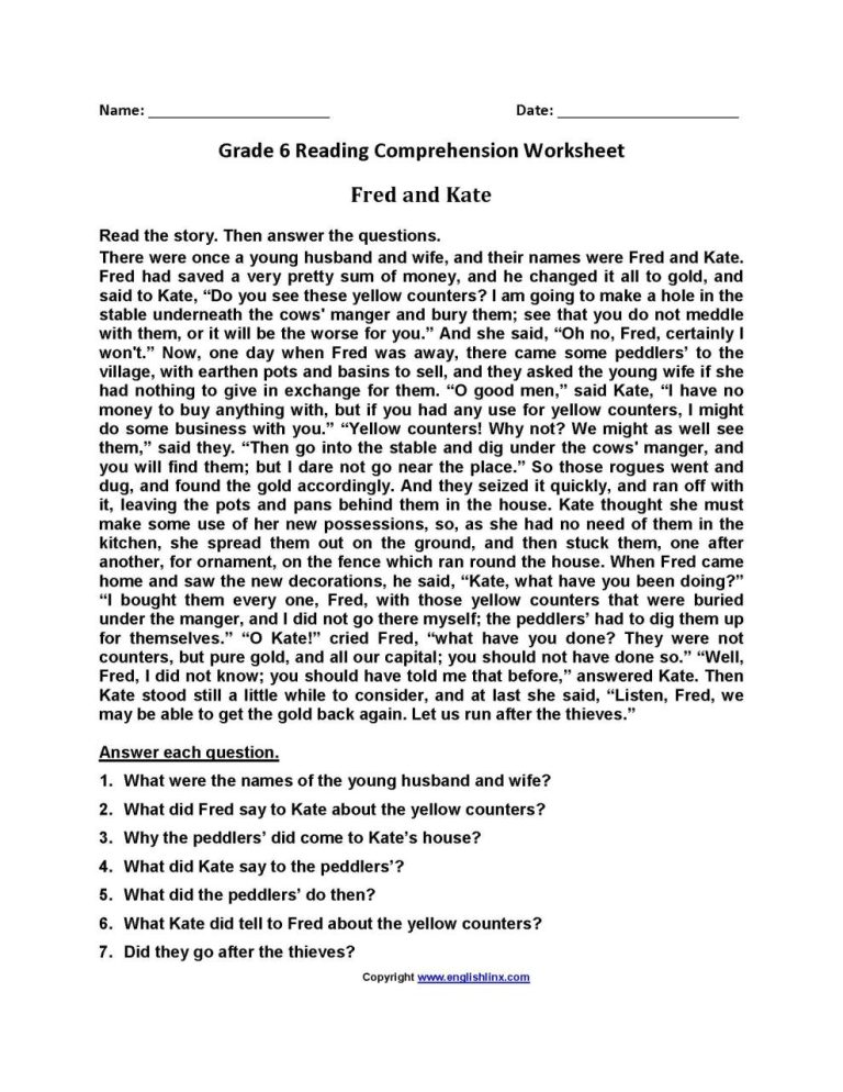 Free Printable Reading Comprehension Worksheets 6th Grade