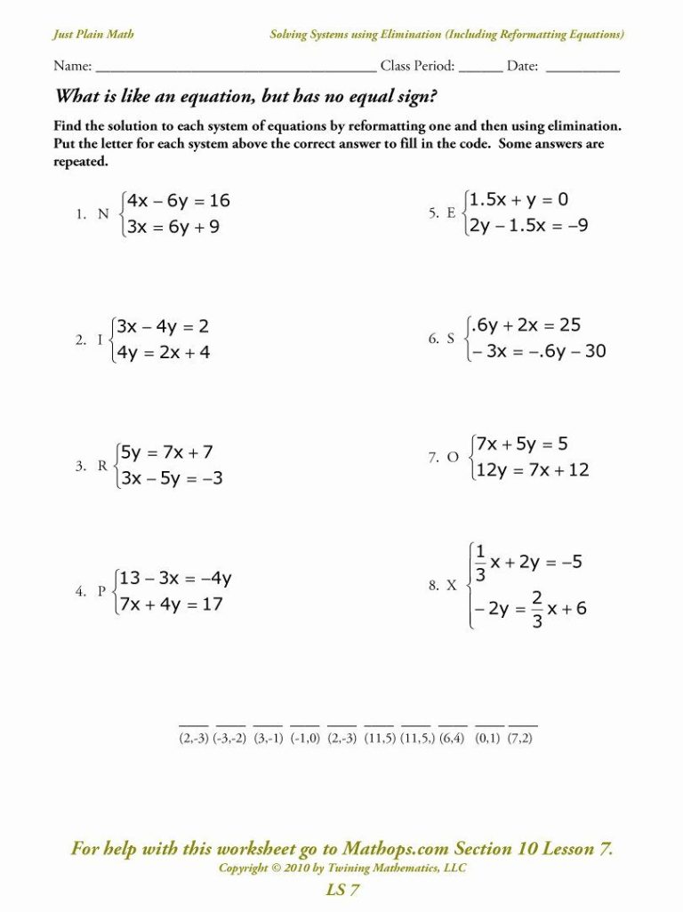 Solve Linear Equations Worksheet