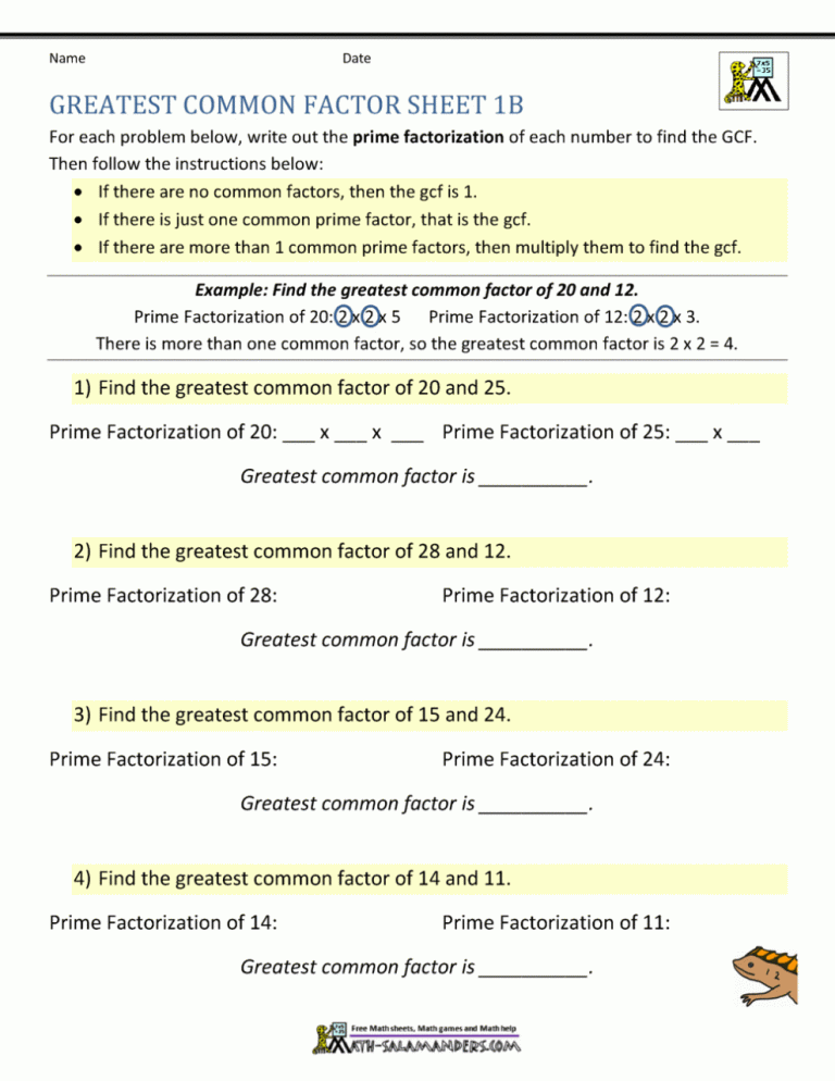 Greatest Common Factor And Least Common Multiple Worksheet Pdf
