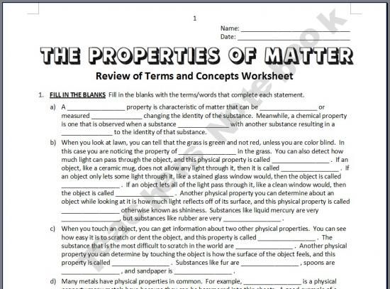 Properties Of Matter Worksheet Chemistry