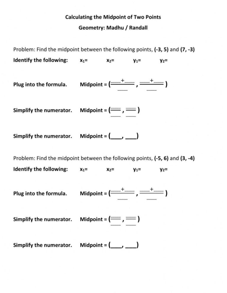 Midpoint Formula Worksheet Answer Key