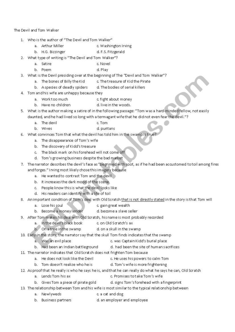 The Devil And Tom Walker Active Reading Worksheet Answers