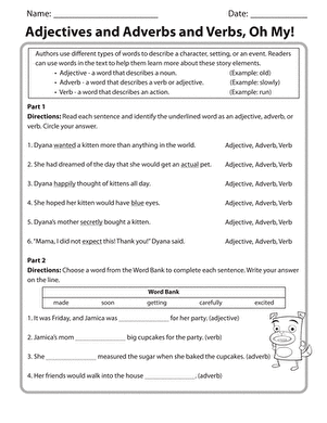 Noun Verb Adjective Adverb Worksheet With Answers Pdf