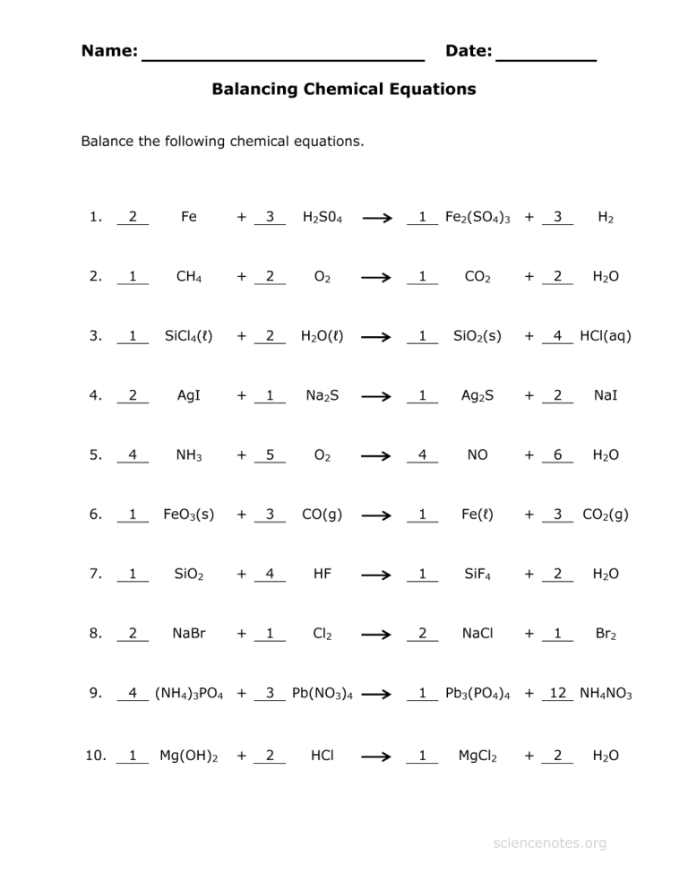 Unit Chemical Reactions Balancing Equations Worksheet 2 Answer Key