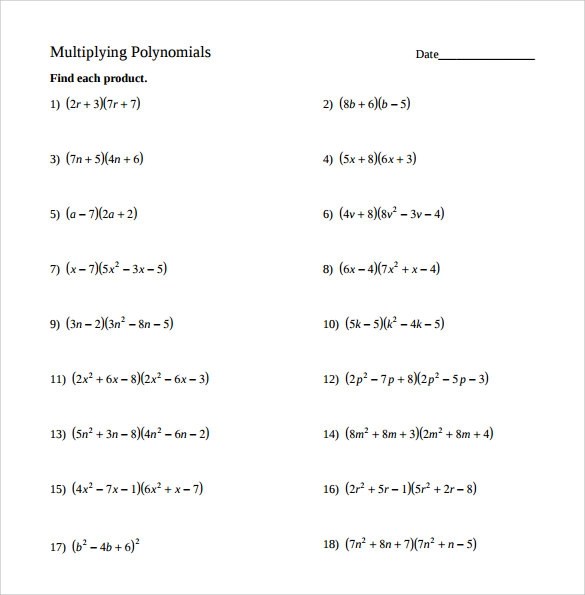 Polynomial Multiplication Worksheet