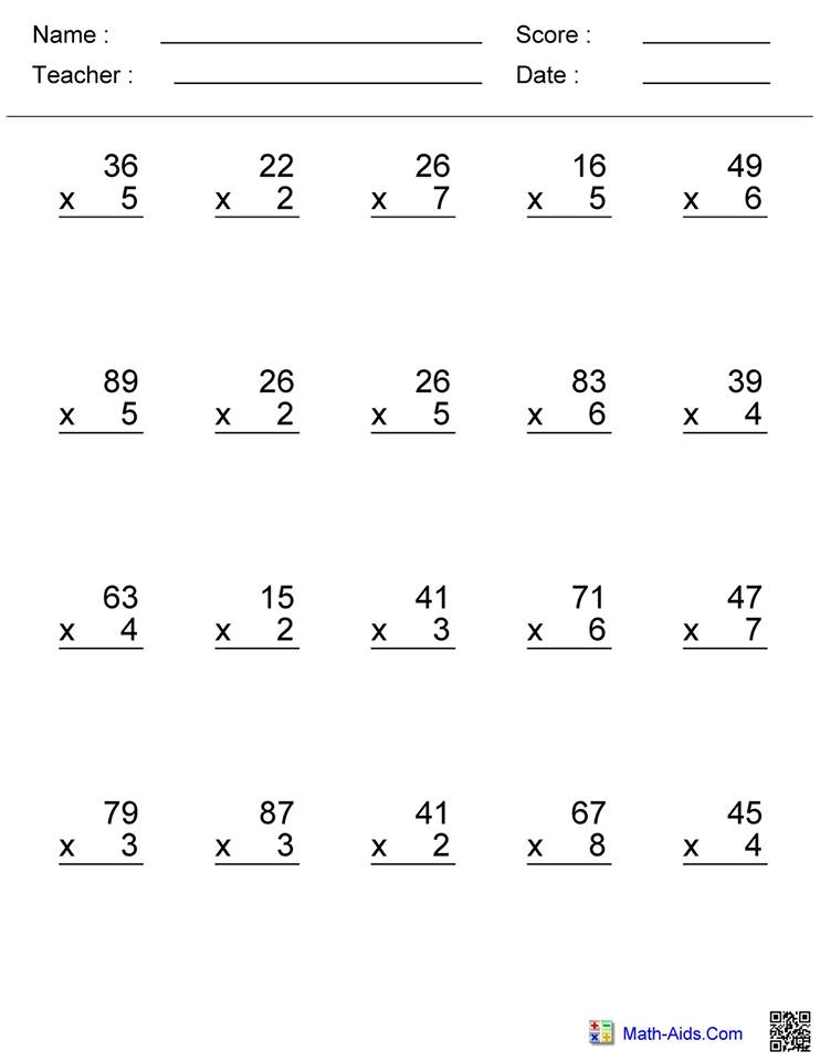 Multiplication Worksheets Two Digit By One Digit