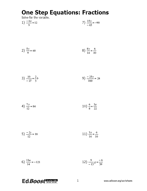 Single Step Equations Worksheet