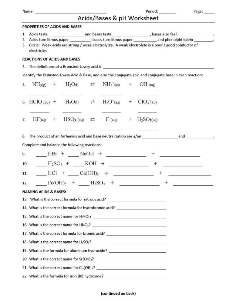 Acid Base Worksheet 1 Answer Key