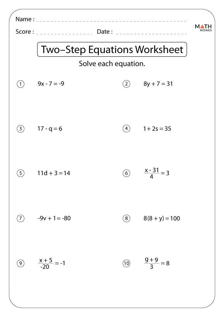 Solving Two Step Equations Easy Worksheet