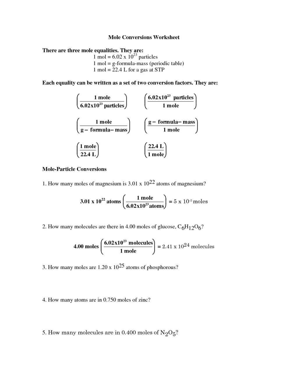 Moles And Molar Mass Worksheet Answers