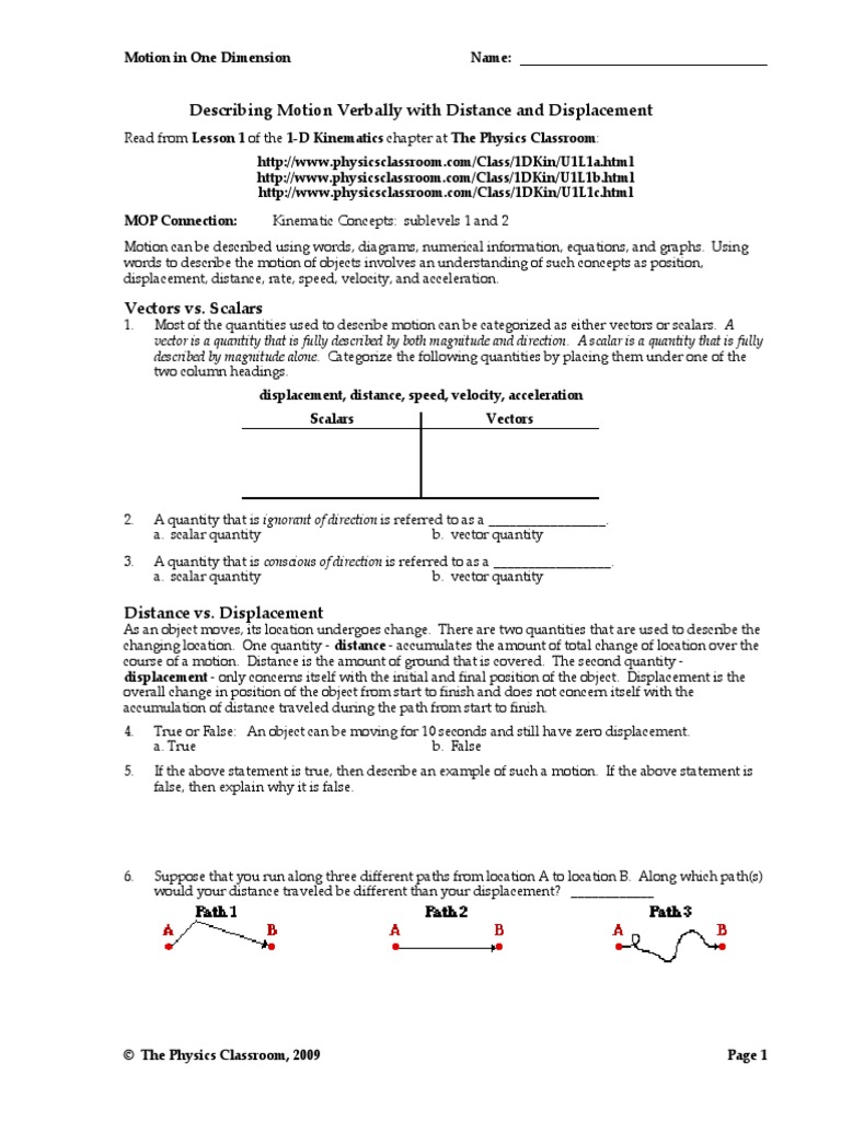 Motion In One Dimension Worksheet Answers The Physics Classroom