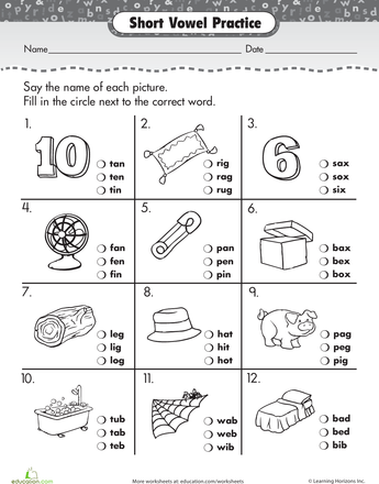 Short Vowel A Worksheets For Kindergarten