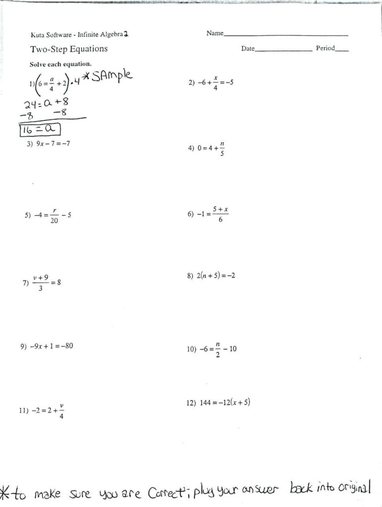One Step Equations Addition And Subtraction Worksheet