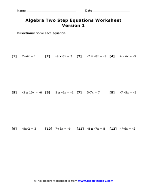 One Step And Two Step Equations Worksheet