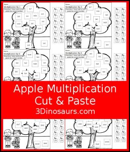 Free Apple Multiplication Cut & Paste 3 Dinosaurs