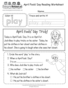 April Fools' Reading Worksheet Free Kindergarten Holiday Worksheet