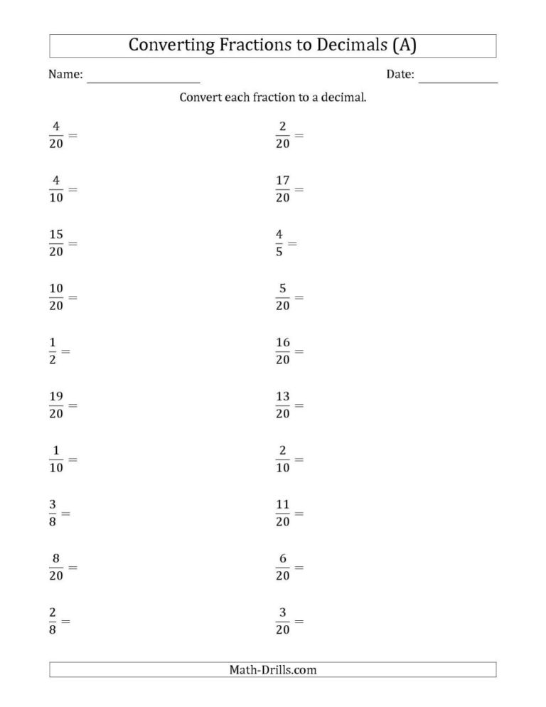 Math Worksheets For Grade 7 Fractions And Decimals