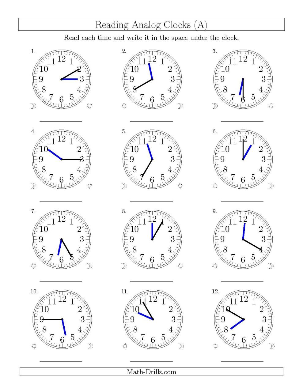 Teach child how to read Analog Clock Printable Worksheets