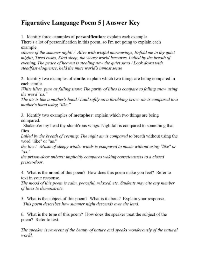Poetic Devices Worksheet 5 Answers