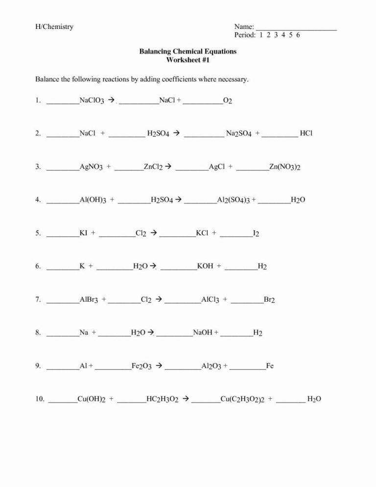 Worksheet On Balancing Chemical Equations