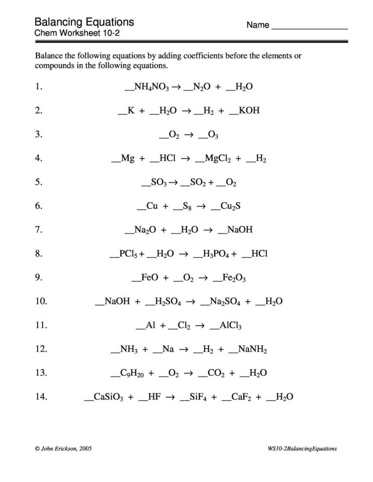 Balancing Equations Worksheets