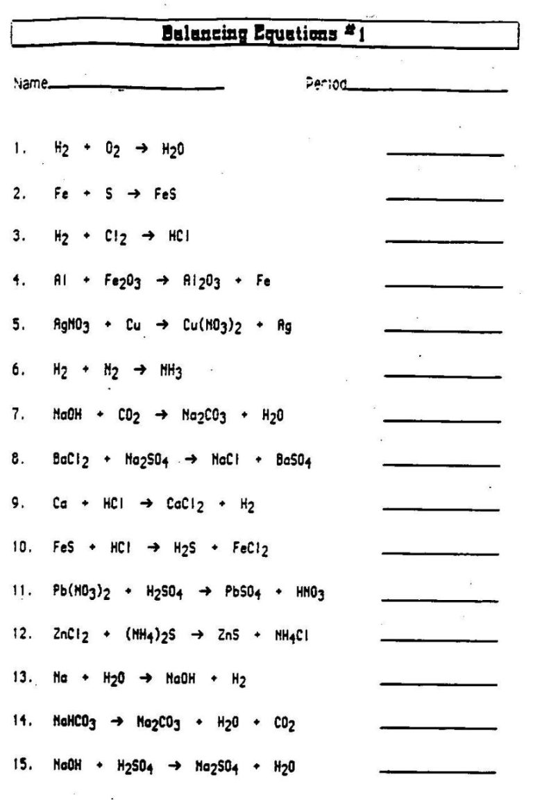 Balanced Chemical Equation Worksheet