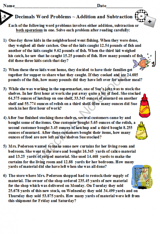 Word Problems Adding And Subtracting Decimals Worksheets Pdf 5th Grade
