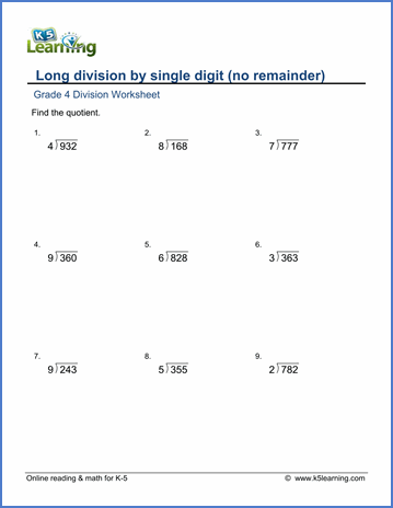 Math Worksheets For Grade 4 Long Division
