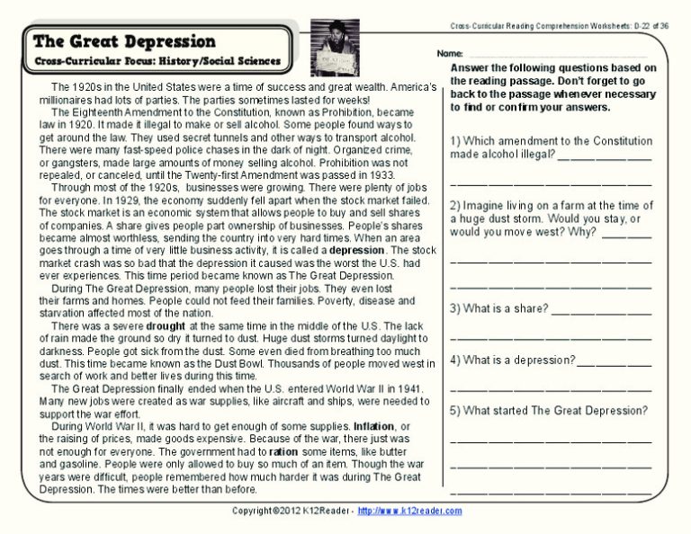 The Great Depression Reading Comprehension Worksheet