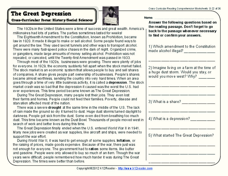 The Great Depression Reading Comprehension Worksheet