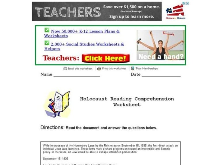 The Holocaust Reading Comprehension Worksheet