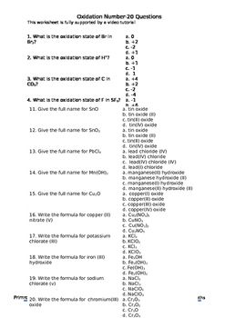 Answer Key Assigning Oxidation Numbers Worksheet