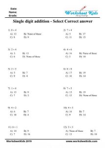 Grade 1 single digit addition multiple choice questions (MCQs
