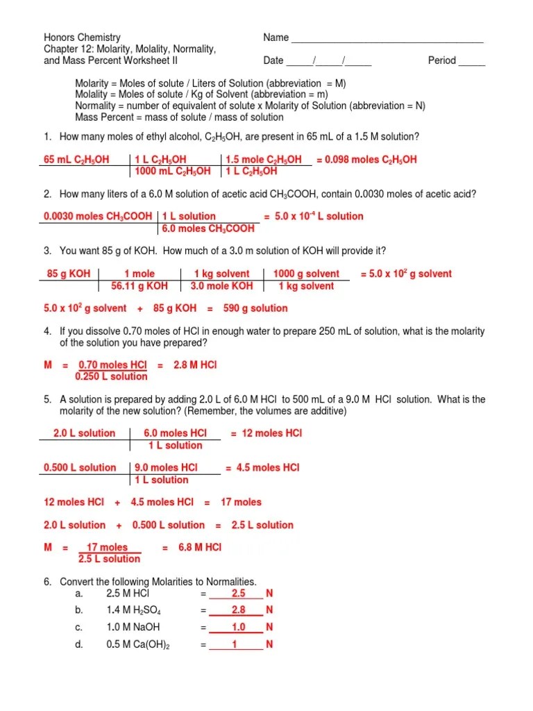 Solutions Worksheet Answer Key