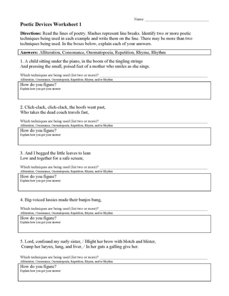 Answer Key Poetic Devices Worksheet 1 Answers