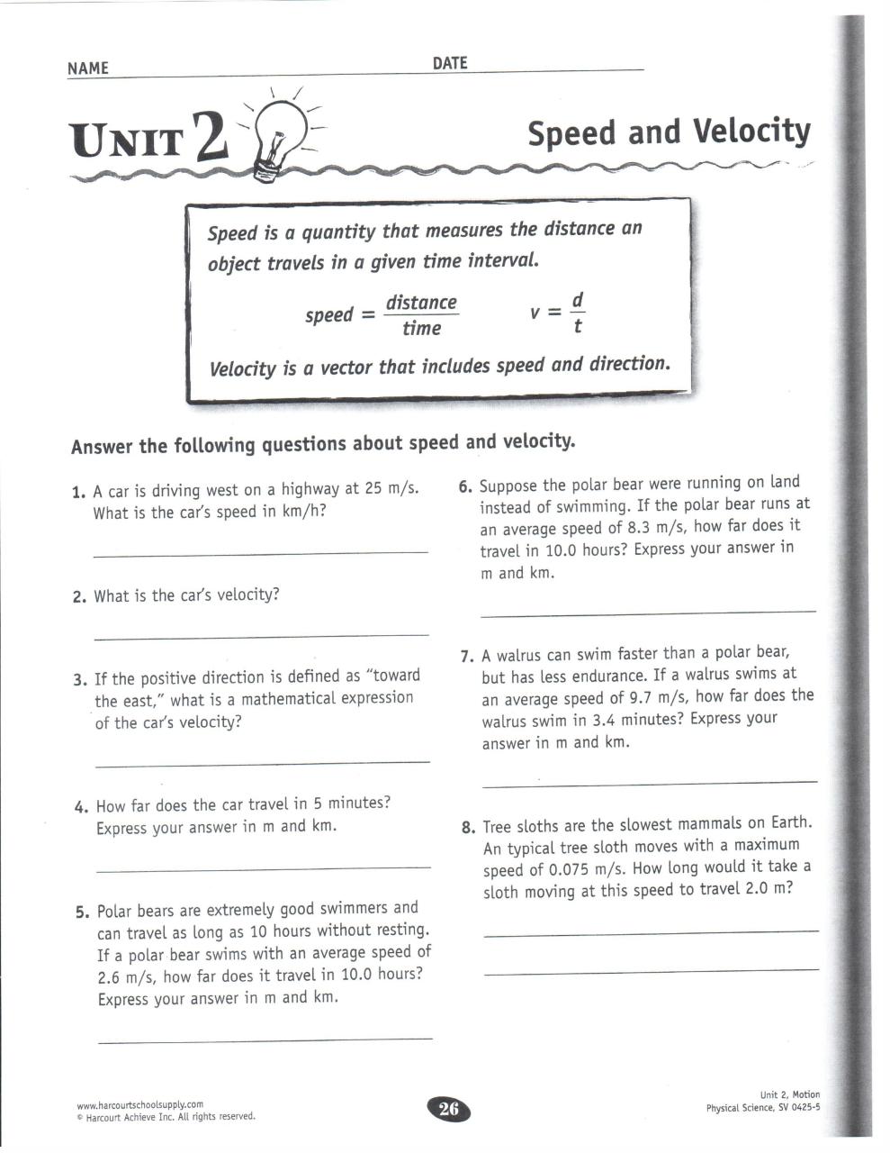 Motion Speed Velocity And Acceleration Worksheet Answer Key