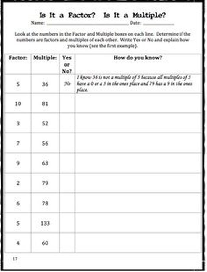 Finding Factors And Multiples Worksheet