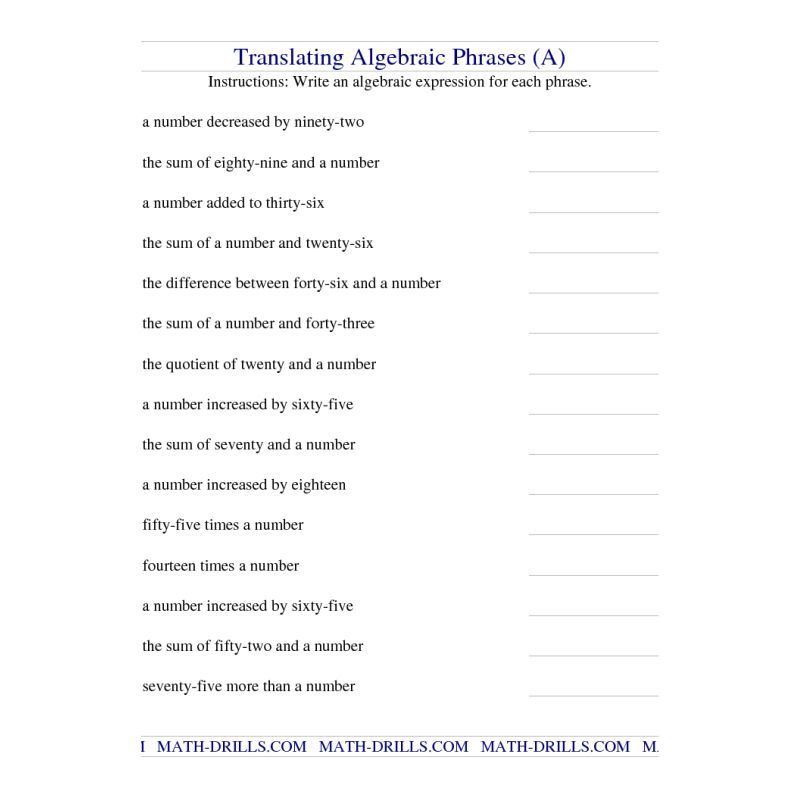 Fifth Grade Writing Numerical Expressions 5th Grade Worksheets