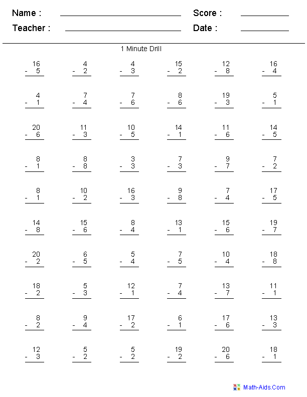 Math Aids Addition And Subtraction Drills