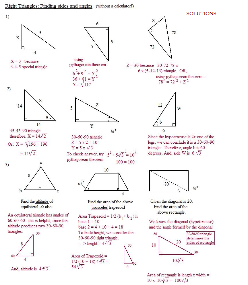 Special Right Triangles Worksheet Answer Key 45 45 90