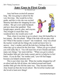 Reading Comprehension Worksheet Amy Goes To First Grade