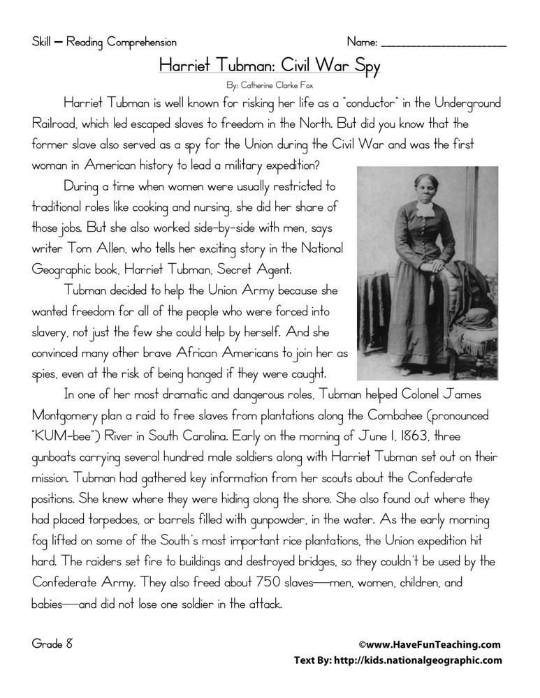 Reading Comprehension Worksheet Harriet Tubman Civil War Spy