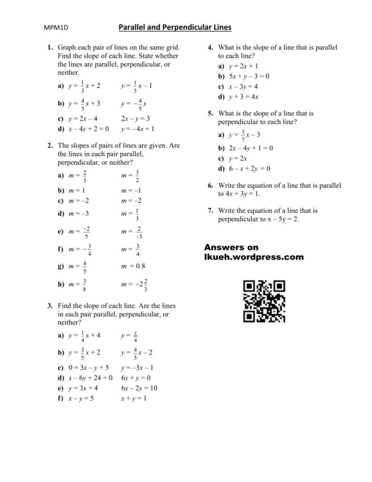 Equations Of Parallel And Perpendicular Lines Worksheet Kuta