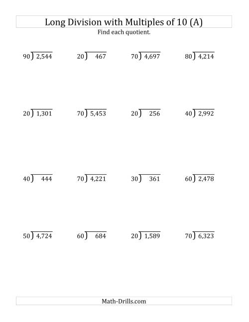 Long Division by Multiples of 10 with Remainders (A)