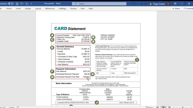 Reading A Credit Card Statement Worksheet