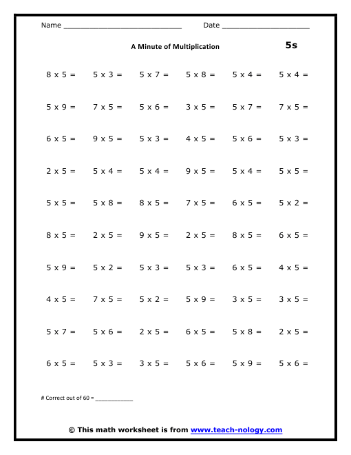 Fives Multiplication Worksheet