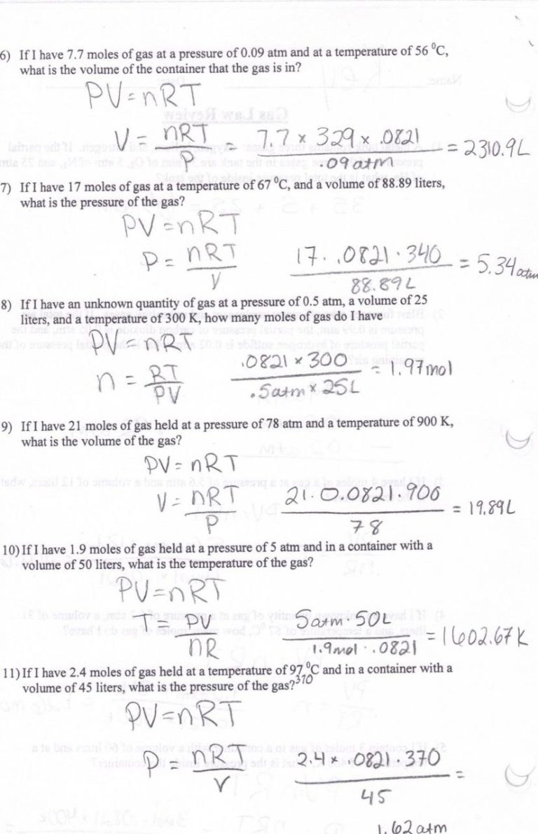 Mixed Gas Laws Worksheet Answer Key