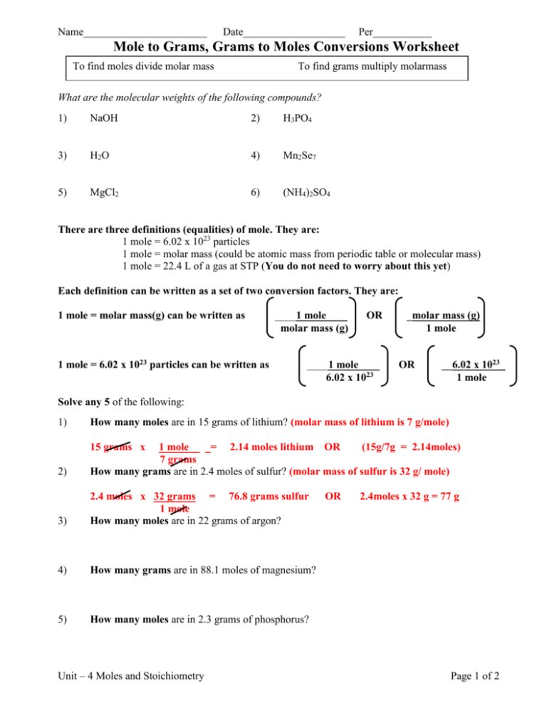 Mole Conversion Worksheet Answer Key With Work