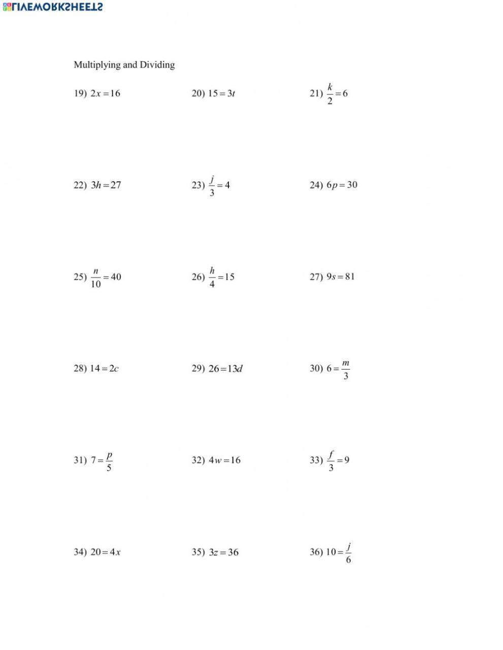 One-Step Multiplication And Division Equations Worksheet