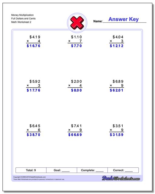 Multiplication Money Worksheets